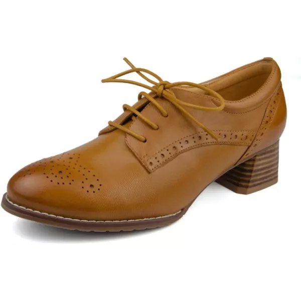 Mona flying Women's Leather Brogue Oxfords with Heels Block Mid Heel Round Toe Lace Up Pumps Dress Shoes