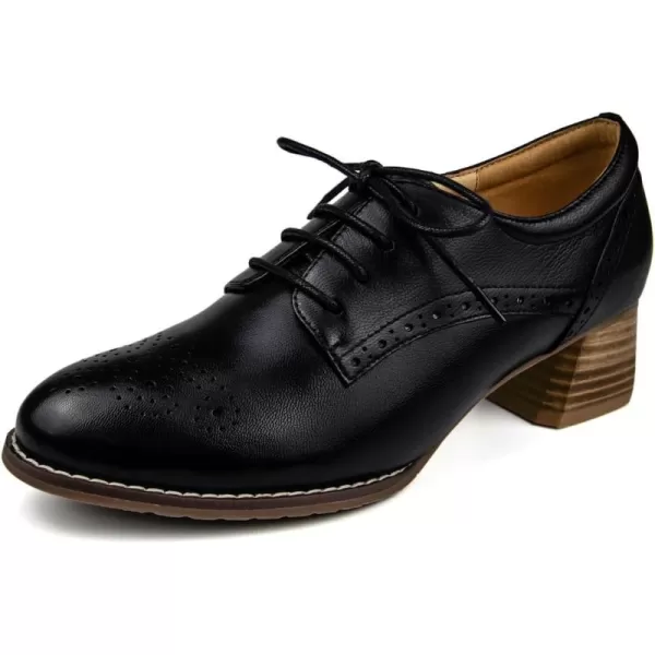 Mona flying Women's Leather Brogue Oxfords with Heels Block Mid Heel Round Toe Lace Up Pumps Dress Shoes