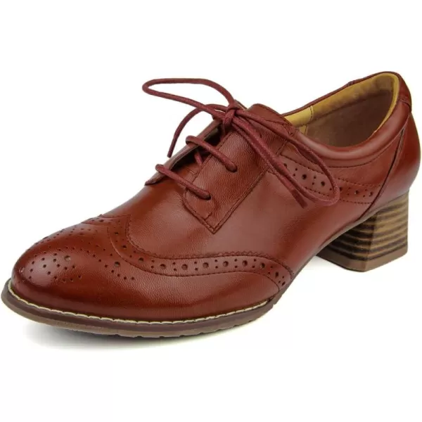 Mona flying Womens Leather Heeled Wingtip Oxfords Mid Block Heel Lace-up Dress Pumps for Ladies
