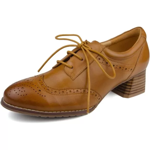 Mona flying Womens Leather Heeled Wingtip Oxfords Mid Block Heel Lace-up Dress Pumps for Ladies