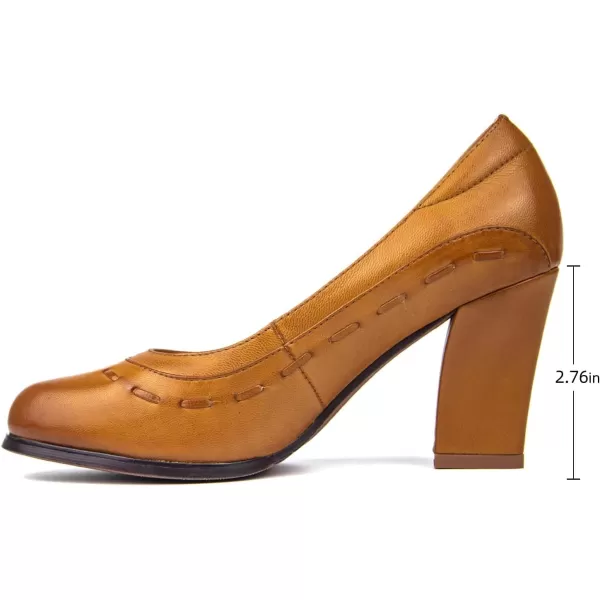 Mona flying Womens 8 cm Dress Pumps High Heel Round Toe Leather Dressy Shoes for Ladies