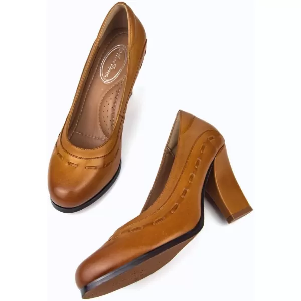 Mona flying Womens 8 cm Dress Pumps High Heel Round Toe Leather Dressy Shoes for Ladies