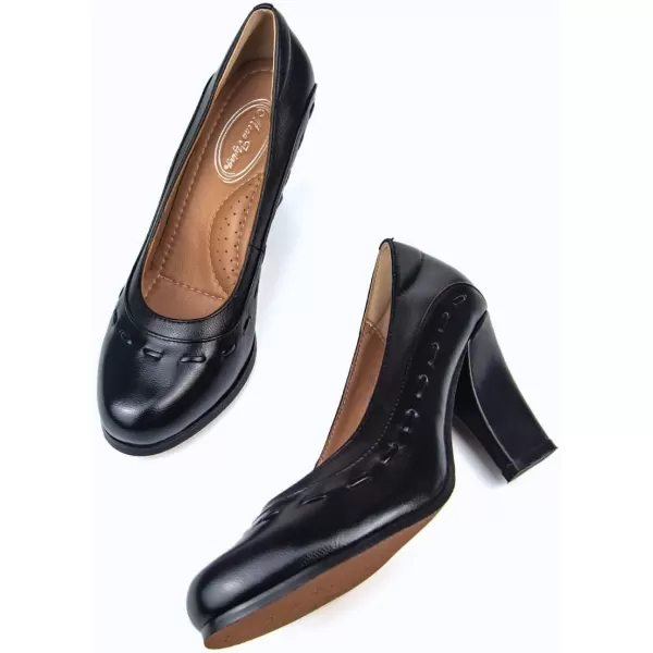Mona flying Womens 8 cm Dress Pumps High Heel Round Toe Leather Dressy Shoes for Ladies