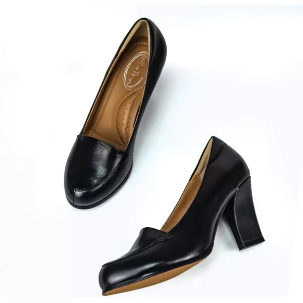 Mona flying Womens 8cm High Heel Dress Pumps Court Shoes Round Toe Leather Dressy Shoes for Ladies