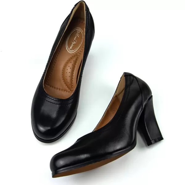 Mona flying Women's Classic Leather Dress Pumps 3 inch Court Shoes Comfortable Round Toe High Heels for Ladies