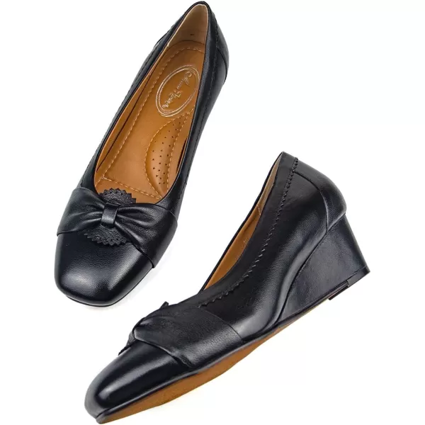Mona flying Women's Closed Toe 5 cm Leather Wedges Pumps Square Toe Bow Office Work Dress Shoes Mid Heel