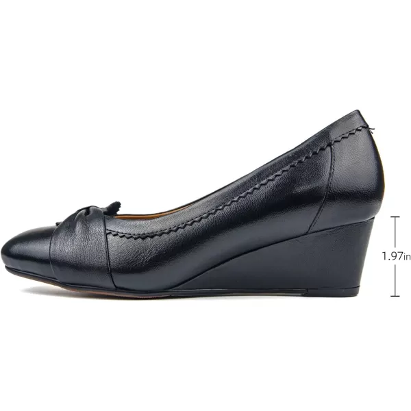 Mona flying Women's Closed Toe 5 cm Leather Wedges Pumps Square Toe Bow Office Work Dress Shoes Mid Heel