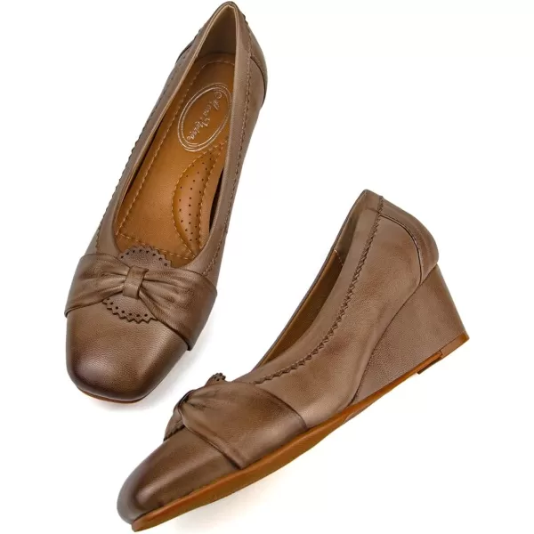 Mona flying Women's Closed Toe 5 cm Leather Wedges Pumps Square Toe Bow Office Work Dress Shoes Mid Heel