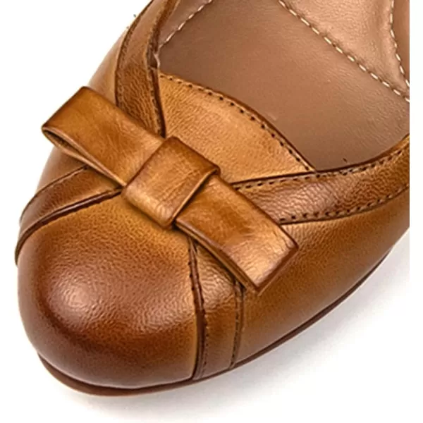 Mona flying Women's Leather 5 cm Pump Chunky Med Heel Round Toe Office Dress Shoes for Ladies
