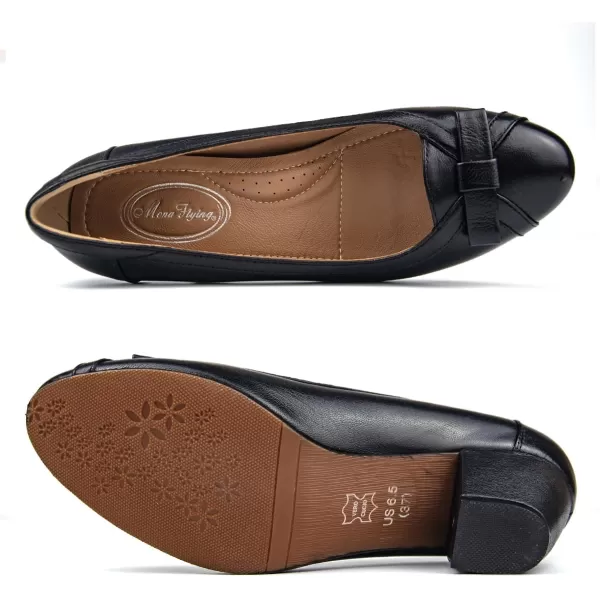 Mona flying Women's Leather 5 cm Pump Chunky Med Heel Round Toe Office Dress Shoes for Ladies