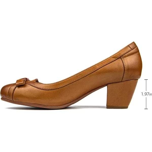 Mona flying Women's Leather 5 cm Pump Chunky Med Heel Round Toe Office Dress Shoes for Ladies