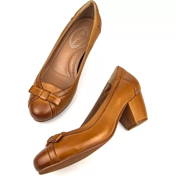Mona flying Women's Leather 5 cm Pump Chunky Med Heel Round Toe Office Dress Shoes for Ladies