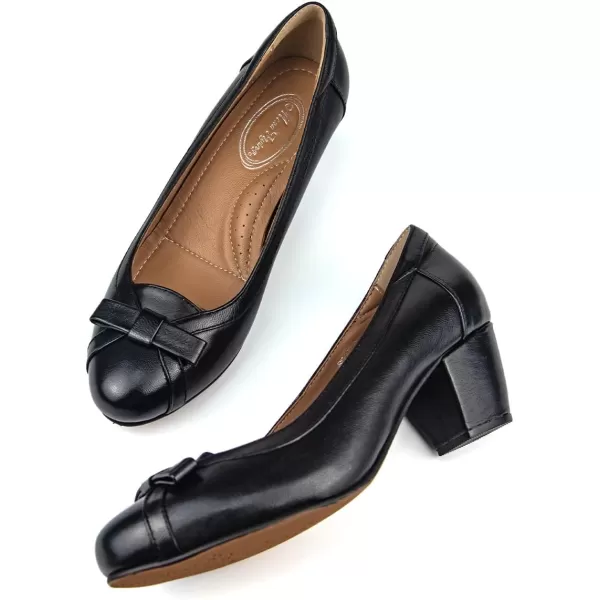 Mona flying Women's Leather 5 cm Pump Chunky Med Heel Round Toe Office Dress Shoes for Ladies
