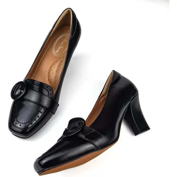 Mona flying Women's Leather 7 cm Block Heel Loafers Pumps Square Toe Ladies Office Dress Heel Shoes