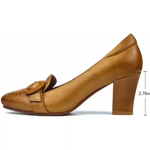 Mona flying Women's Leather 7 cm Block Heel Loafers Pumps Square Toe Ladies Office Dress Heel Shoes
