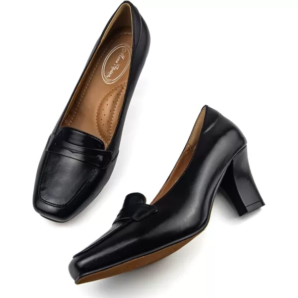 Mona flying Women's Leather Chunky Heel Loafers 7 cm Dress Pump Square Toe Office High Heel Shoes for Ladies
