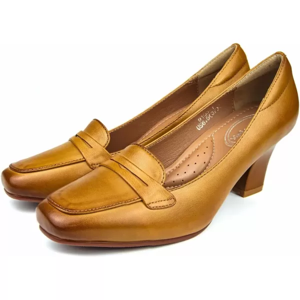 Mona flying Women's Leather Chunky Heel Loafers 7 cm Dress Pump Square Toe Office High Heel Shoes for Ladies