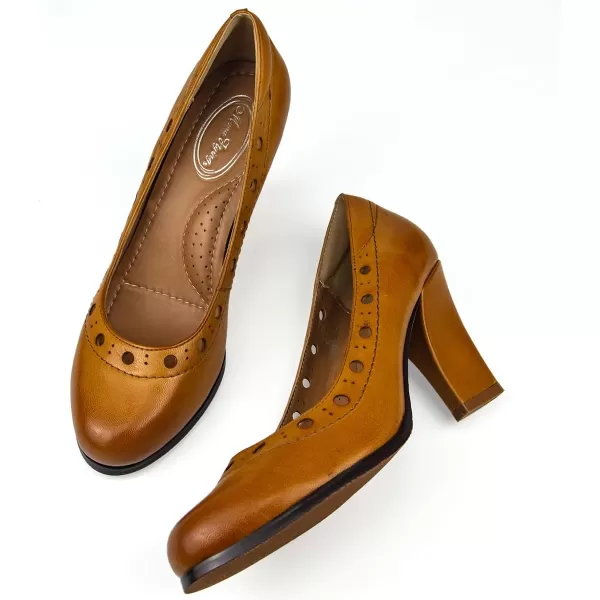 Mona flying Women's Leather Closed Round Toe 3 inch High Heels Dress Pump Shoes