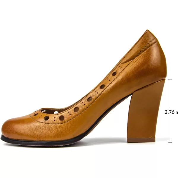 Mona flying Women's Leather Closed Round Toe 3 inch High Heels Dress Pump Shoes