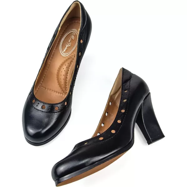 Mona flying Women's Leather Closed Round Toe 3 inch High Heels Dress Pump Shoes