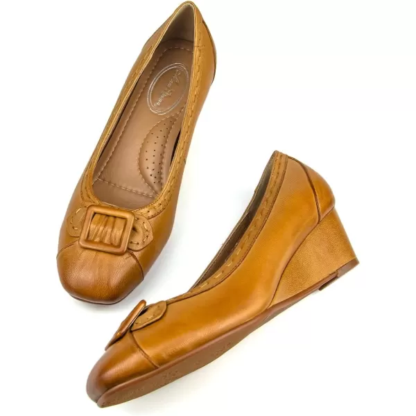 Mona flying Women's Leather Closed Toe 2 inch Wedges Pumps Square Toe Comfortable Dress Heel Shoes for Ladies
