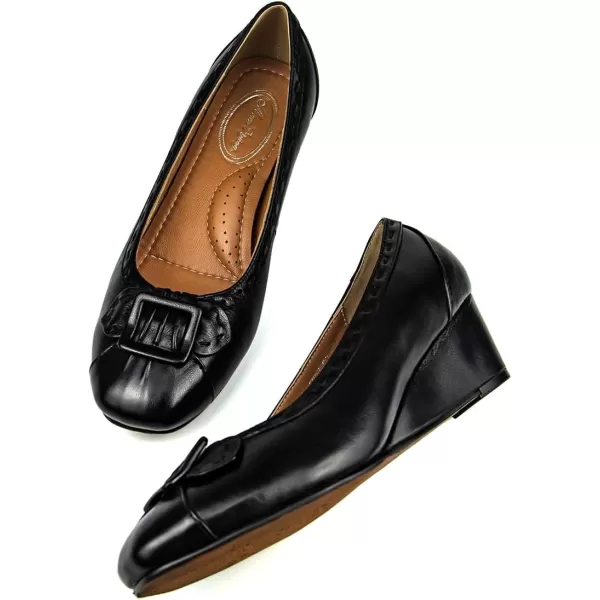 Mona flying Women's Leather Closed Toe 2 inch Wedges Pumps Square Toe Comfortable Dress Heel Shoes for Ladies