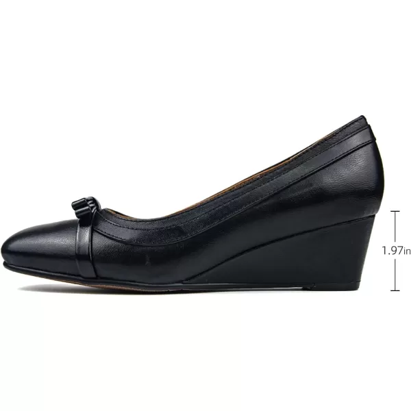 Mona flying Women's Leather Closed Toe Mid Wedges Heels Square Toe Bow Dress Pumps for Ladies