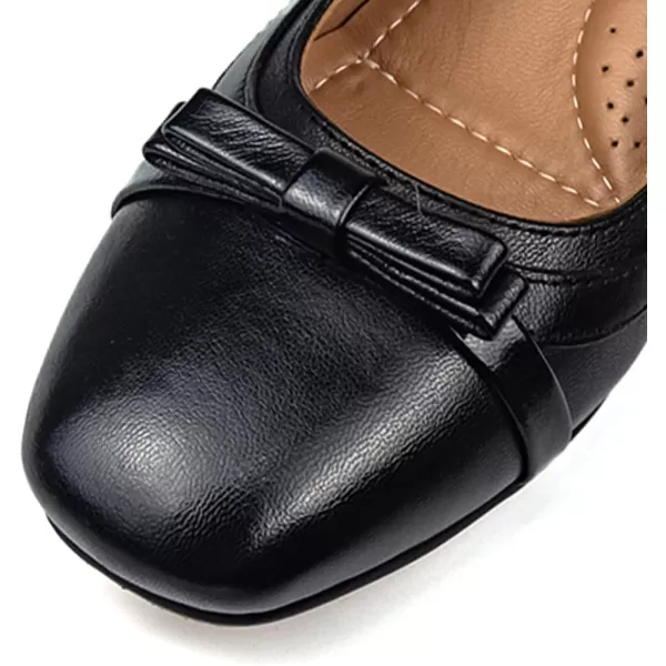 Mona flying Women's Leather Closed Toe Mid Wedges Heels Square Toe Bow Dress Pumps for Ladies