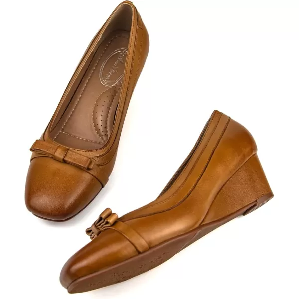 Mona flying Women's Leather Closed Toe Mid Wedges Heels Square Toe Bow Dress Pumps for Ladies