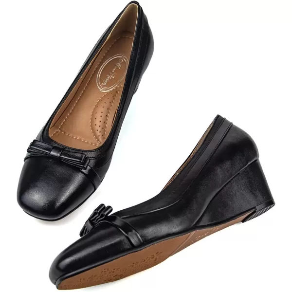 Mona flying Women's Leather Closed Toe Mid Wedges Heels Square Toe Bow Dress Pumps for Ladies