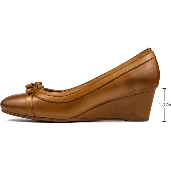 Mona flying Women's Leather Closed Toe Mid Wedges Heels Square Toe Bow Dress Pumps for Ladies