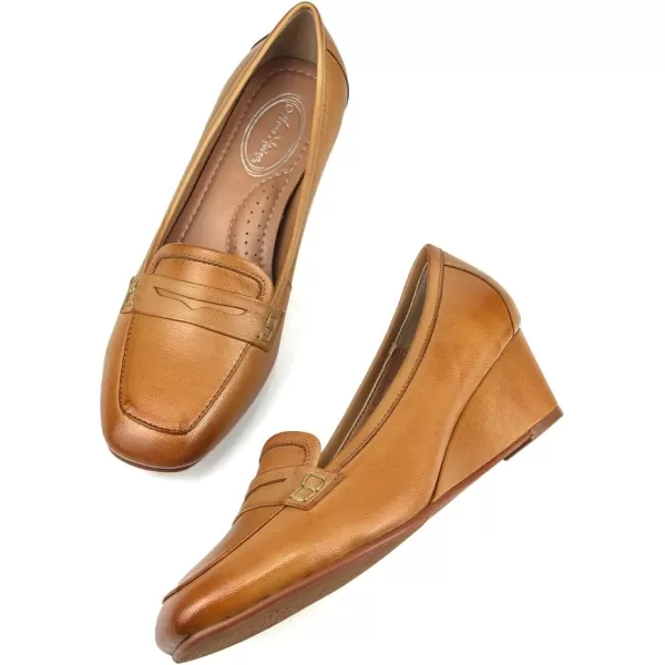 Mona flying Women's Leather Mid Wedge Loafer Pumps Square Toe Work Dress Heel Shoes