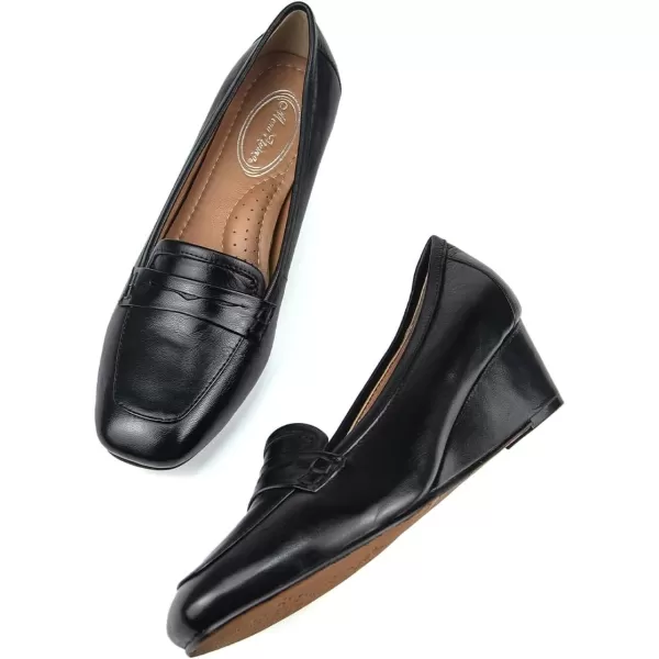 Mona flying Women's Leather Mid Wedge Loafer Pumps Square Toe Work Dress Heel Shoes