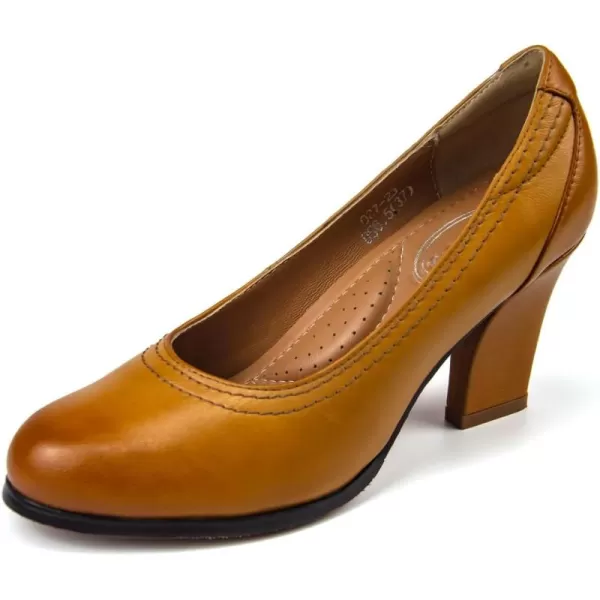 Mona flying Women's Classic Leather Dress Pumps 3 inch Court Shoes Comfortable Round Toe High Heels for Ladies