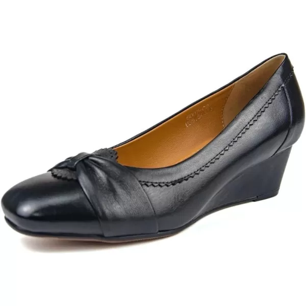 Mona flying Women's Closed Toe 5 cm Leather Wedges Pumps Square Toe Bow Office Work Dress Shoes Mid Heel