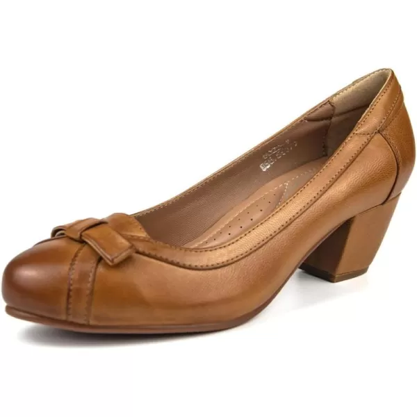 Mona flying Women's Leather 5 cm Pump Chunky Med Heel Round Toe Office Dress Shoes for Ladies