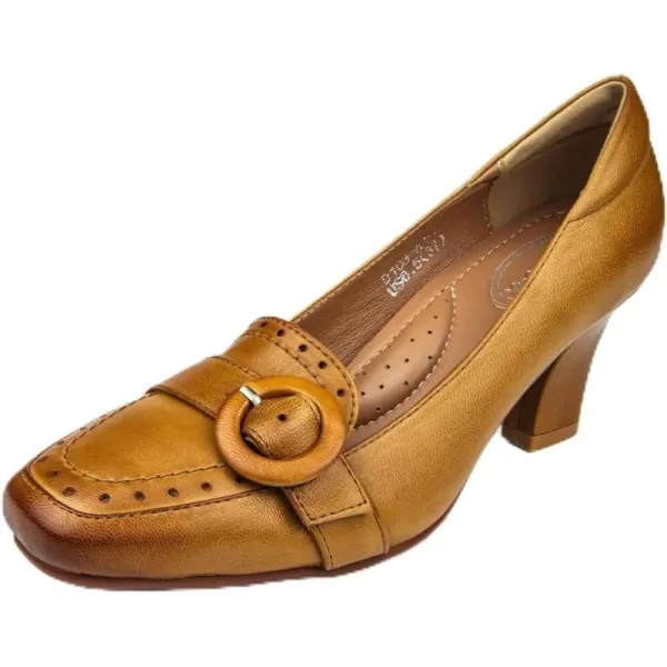 Mona flying Women's Leather 7 cm Block Heel Loafers Pumps Square Toe Ladies Office Dress Heel Shoes