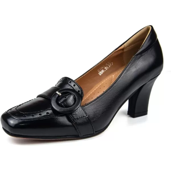 Mona flying Women's Leather 7 cm Block Heel Loafers Pumps Square Toe Ladies Office Dress Heel Shoes