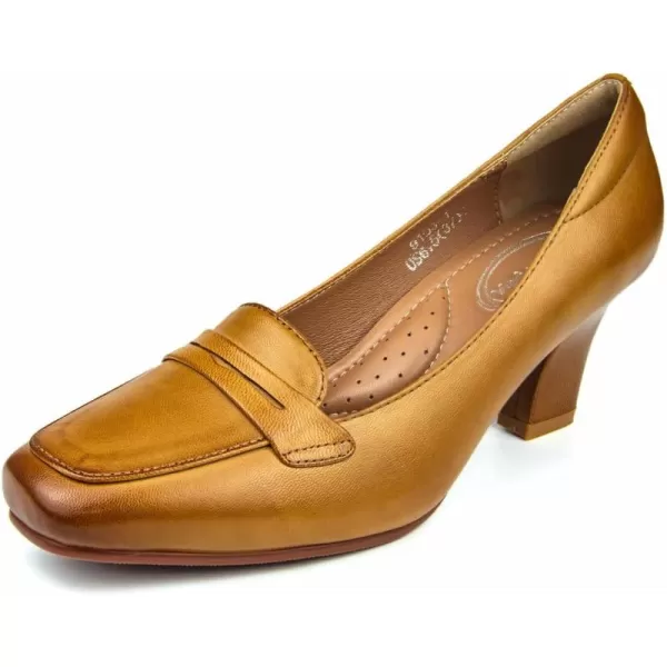 Mona flying Women's Leather Chunky Heel Loafers 7 cm Dress Pump Square Toe Office High Heel Shoes for Ladies