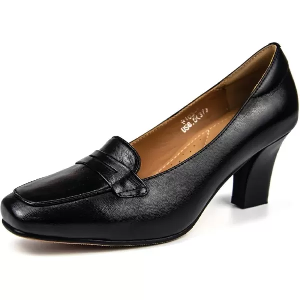 Mona flying Women's Leather Chunky Heel Loafers 7 cm Dress Pump Square Toe Office High Heel Shoes for Ladies