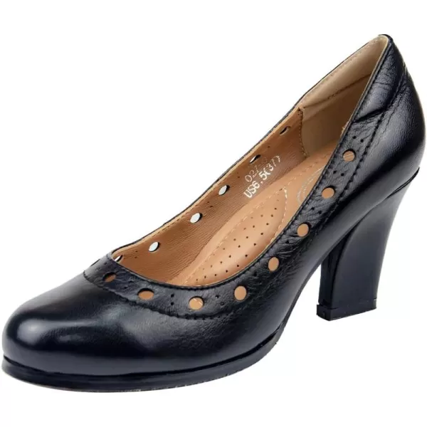 Mona flying Women's Leather Closed Round Toe 3 inch High Heels Dress Pump Shoes