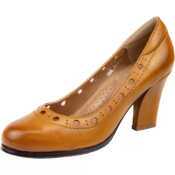 Mona flying Women's Leather Closed Round Toe 3 inch High Heels Dress Pump Shoes