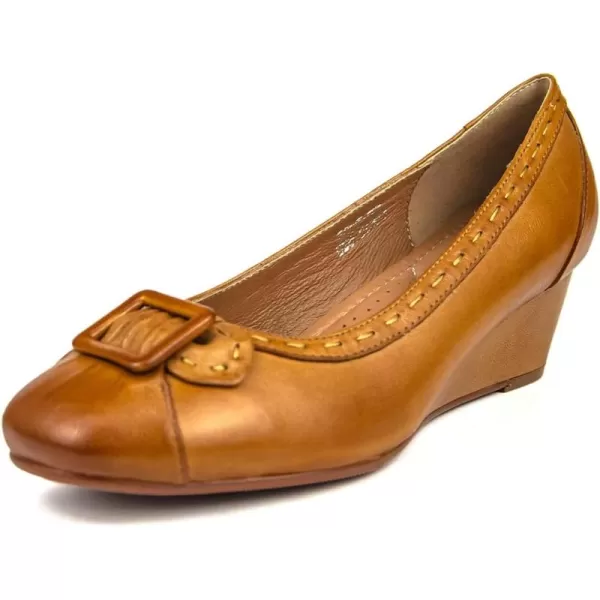 Mona flying Women's Leather Closed Toe 2 inch Wedges Pumps Square Toe Comfortable Dress Heel Shoes for Ladies