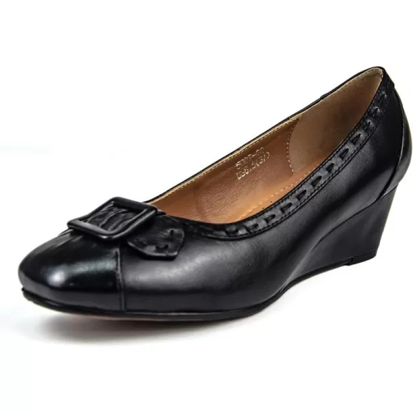 Mona flying Women's Leather Closed Toe 2 inch Wedges Pumps Square Toe Comfortable Dress Heel Shoes for Ladies