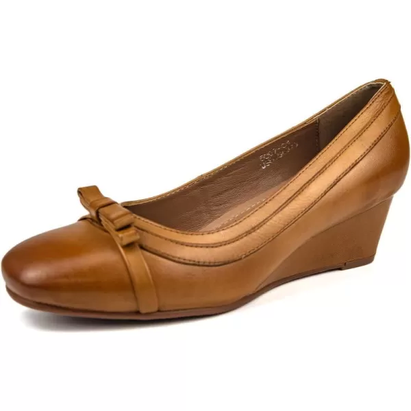 Mona flying Women's Leather Closed Toe Mid Wedges Heels Square Toe Bow Dress Pumps for Ladies