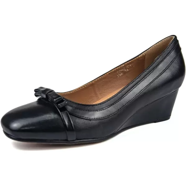 Mona flying Women's Leather Closed Toe Mid Wedges Heels Square Toe Bow Dress Pumps for Ladies