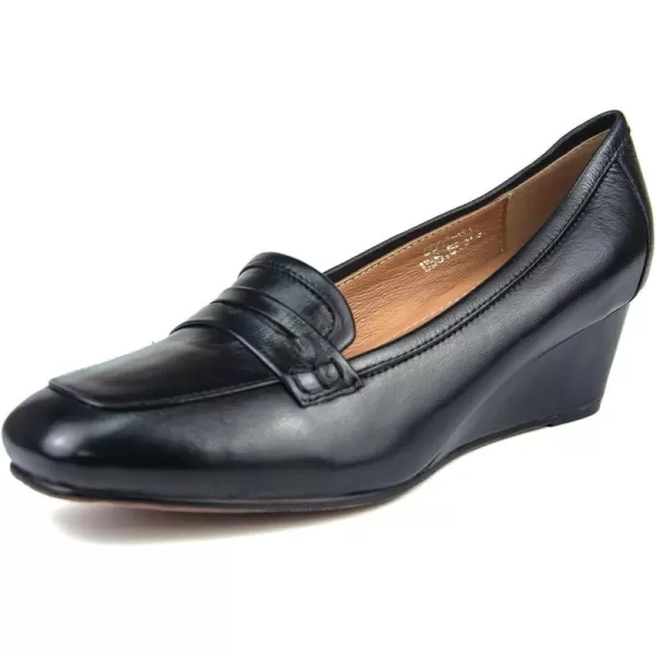 Mona flying Women's Leather Mid Wedge Loafer Pumps Square Toe Work Dress Heel Shoes