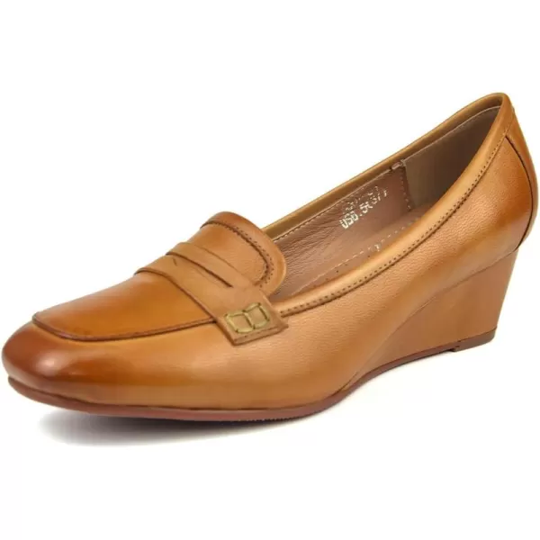 Mona flying Women's Leather Mid Wedge Loafer Pumps Square Toe Work Dress Heel Shoes