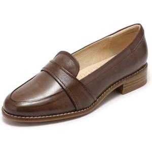 imageMona flying Womens Leather Dress Penny Loafers Slip On Flats Office Ladies Casual ShoesCoffee