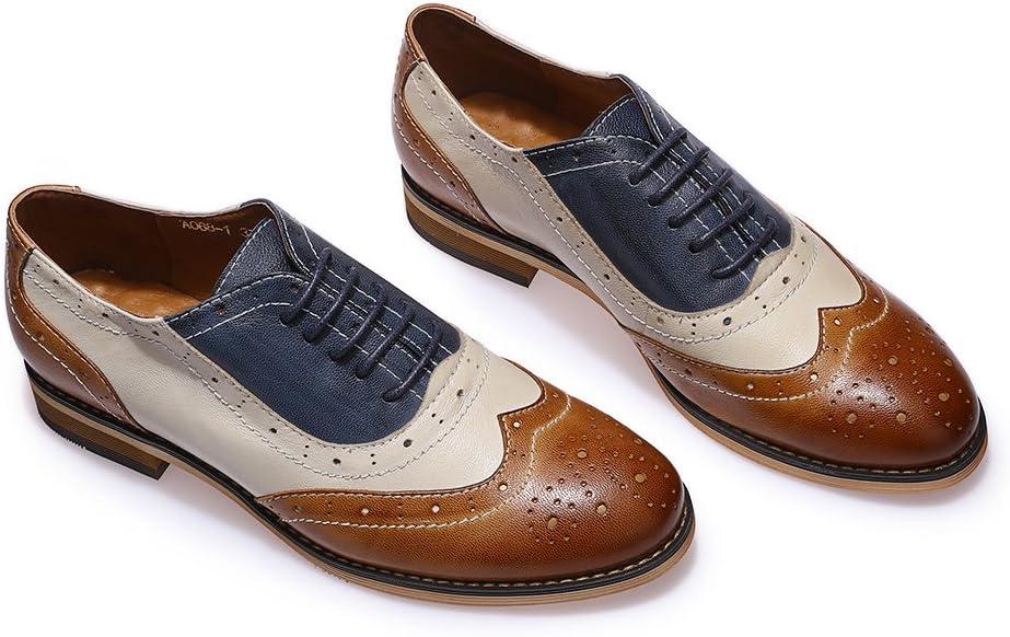 imageMona flying Womens Leather Flat Oxfords Shoes for Women Perforated Laceup Wingtip Vintage Brogues ShoesBrownwhiteblue